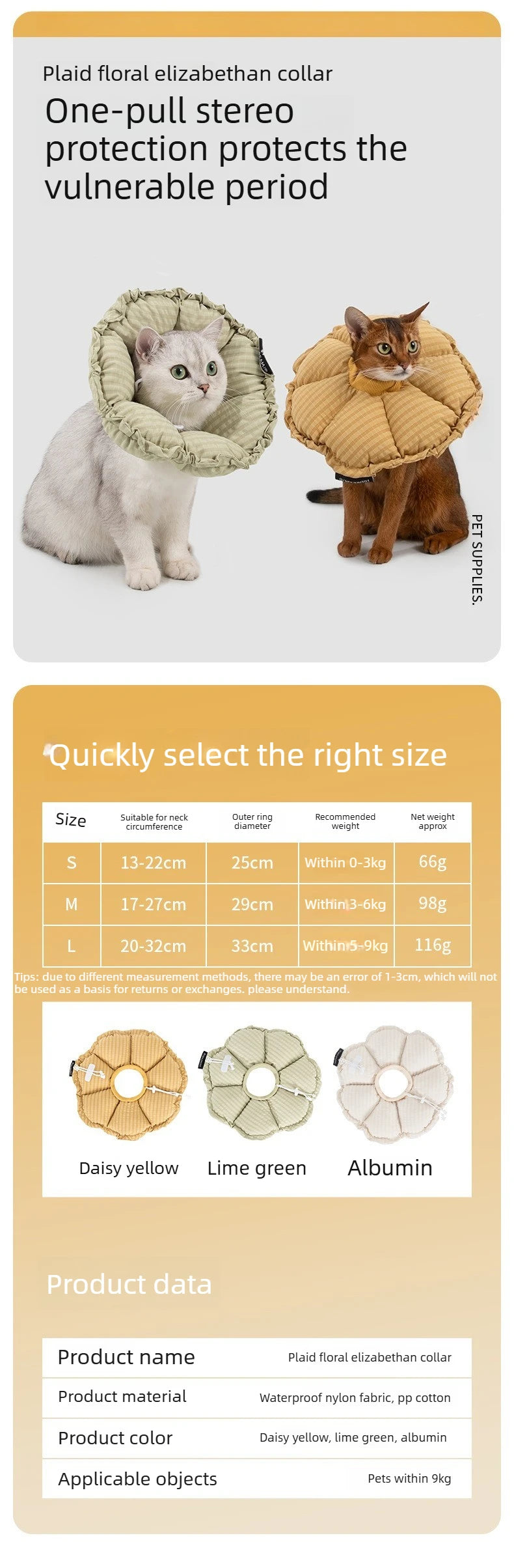 Adjustable, Flower, Plush, Cat, Elizabeth Collar, Lick-Proof, Surgery, Convertible, Drawstring, Cone, Waterproof, S/M/L Sizes